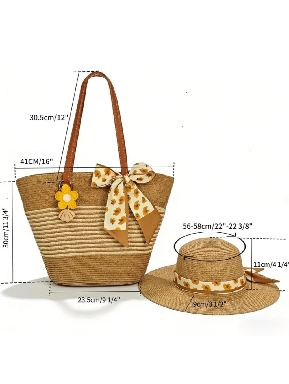 Straw Tote Bag in Tan with Yellow Flower Charm